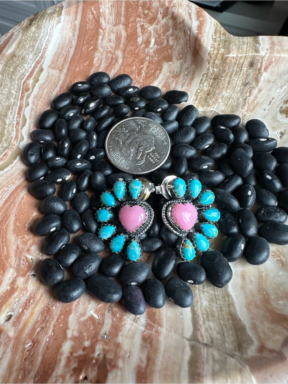 🩵🩷 Turquoise & Pink Conch Heart Half Cluster Earrings